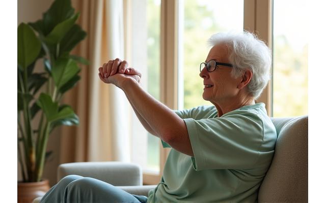 An older adult performing gentle chair-based arm stretches with a serene expression.