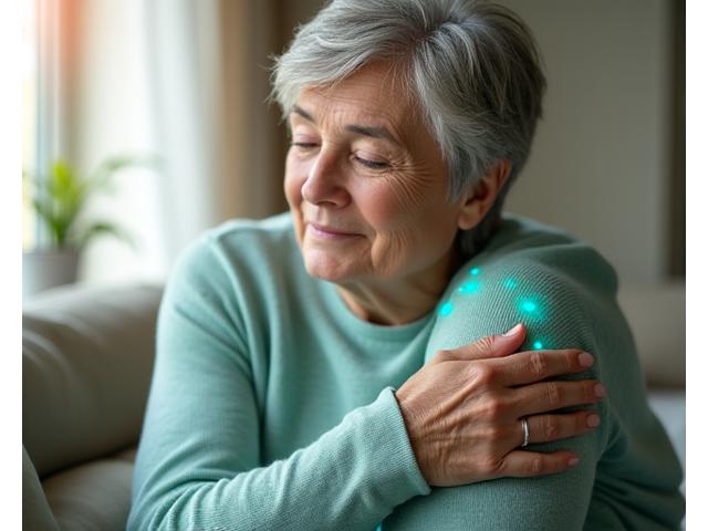 An adult in their 50s gently touching their knee, illustrating joint pain, with a transparent overlay of a pain mapping interface.