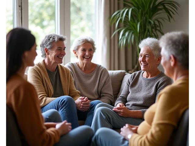 A diverse group of adults aged 40-70 sitting in a circle, engaged in conversation and smiling, indicating a supportive community meeting.