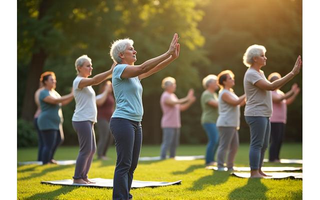 A diverse group of older adults practicing modified yoga or tai chi poses outdoors in a park, demonstrating balance and gentle movement.