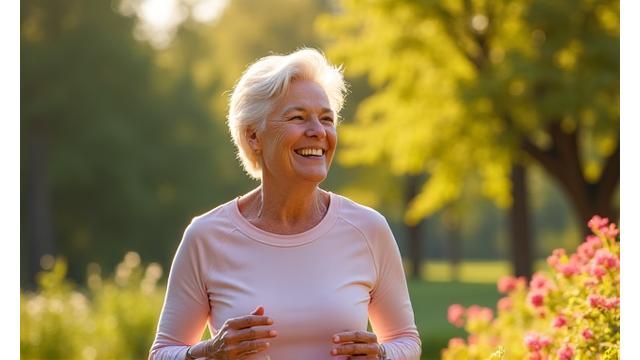 A vibrant, energetic senior walking gracefully in a lush park, symbolizing healthy aging and longevity.