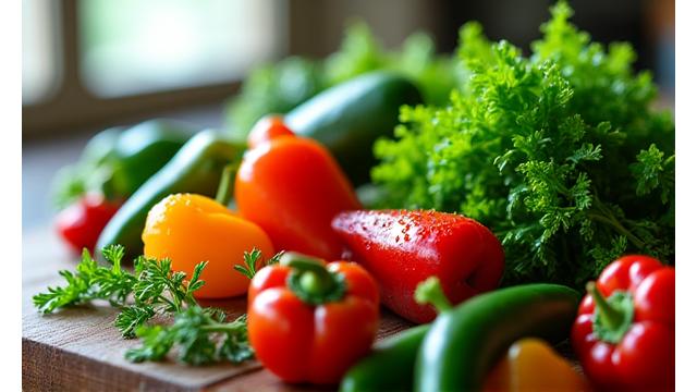 Close-up of fresh, vibrant vegetables and herbs on a cutting board, symbolizing nutrition.