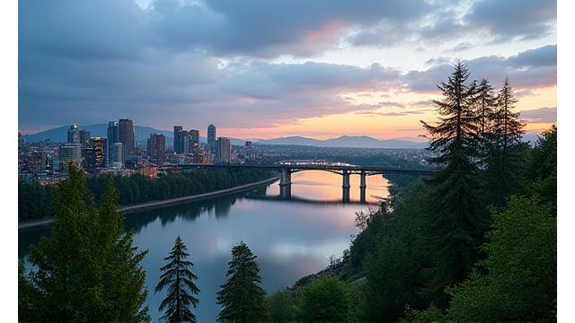 A scenic view of the Portland bridges and cityscape at dawn, symbolizing local wellness.