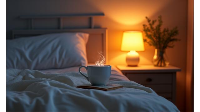 A tranquil bedside scene with a book, warm tea, and soft lighting, promoting sleep.