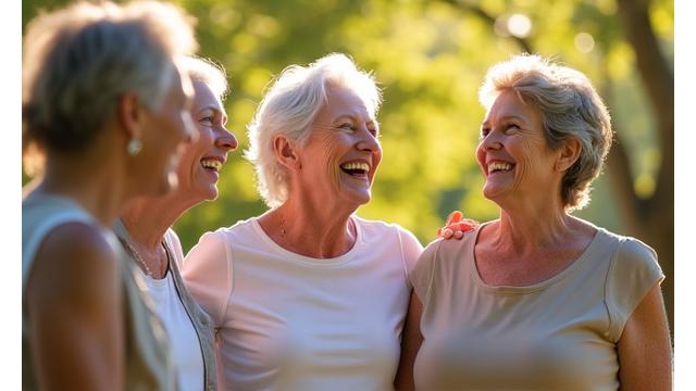 A diverse group of happy mature adults engaging in an outdoor wellness activity, symbolizing community.