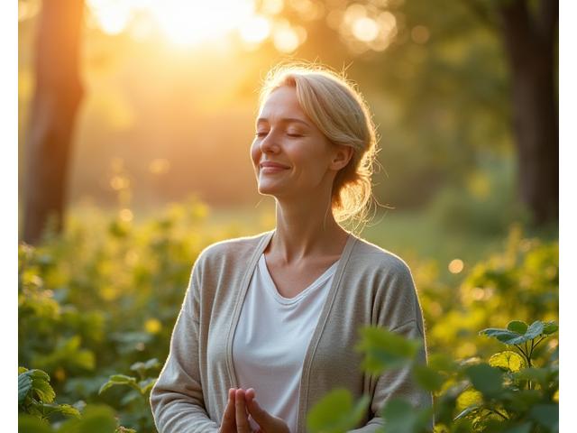 A serene adult woman meditating outdoors amidst lush greenery, symbolizing daily wellness and peace.