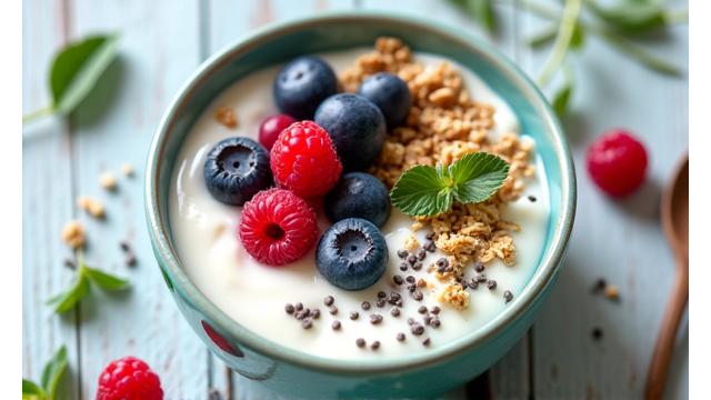 A vibrant bowl of probiotic-rich yogurt with berries and granola.