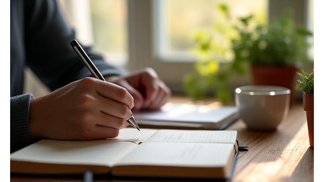 A person thoughtfully writing in a journal with sun shining through a window, symbolizing mental clarity.