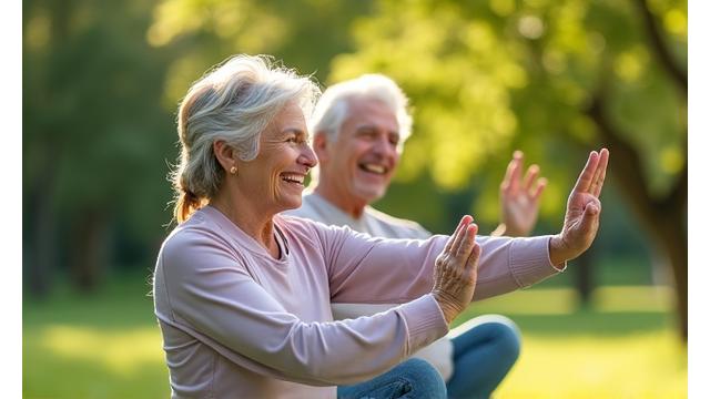 An older couple enthusiastically stretching and doing light yoga in a sunny park.