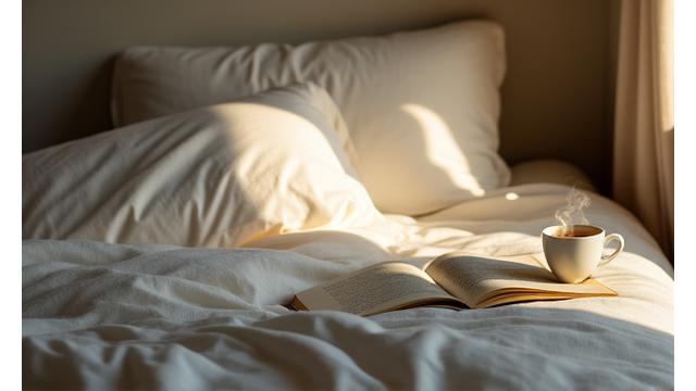 A peaceful bedroom scene with soft, morning light illustrating restful sleep.