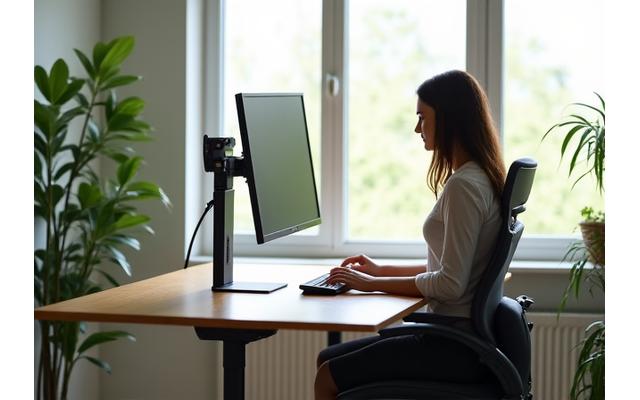 A well-organized ergonomic home office desk setup with an adjustable standing desk, ergonomic chair, and external monitor, promoting healthy posture.