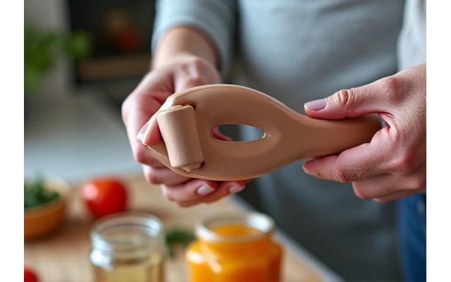 Hands using an ergonomic adaptive kitchen tool, like a large-handled peeler, demonstrating ease of grip for someone with joint discomfort.