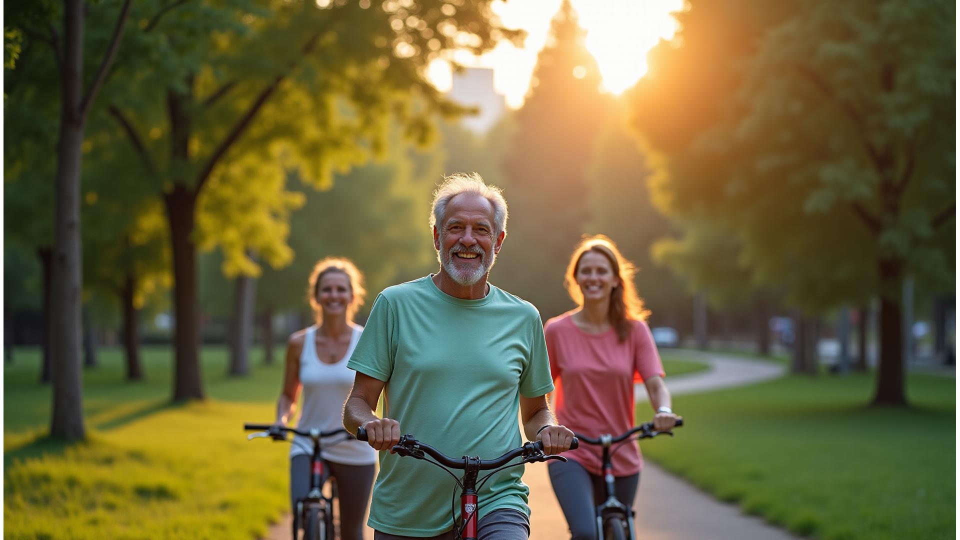 Diverse group of adults 35+ enjoying life outdoors in a serene Portland park, vibrant and healthy.