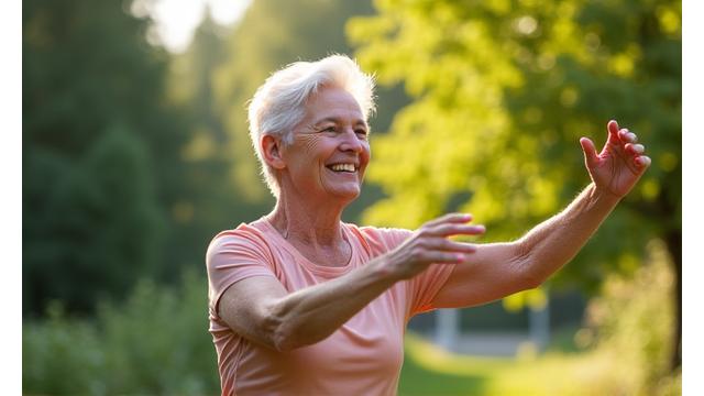 Senior adult performing light exercise in a park, symbolizing healthy aging assessment.