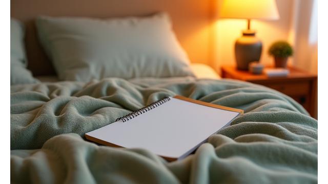 Cozy bed with soft light and a checklist, for sleep optimization.