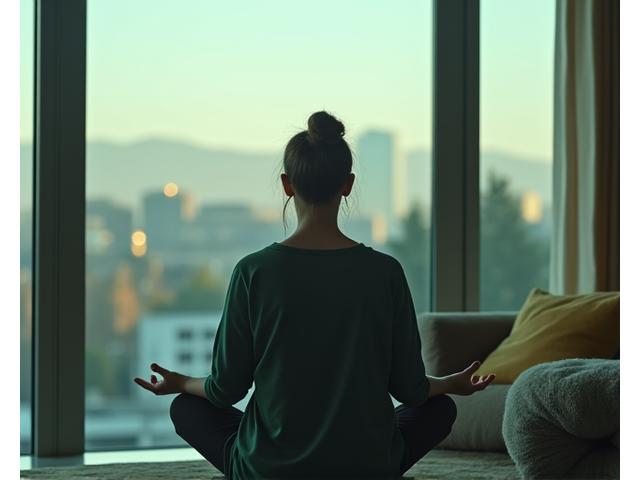 Person meditating peacefully by a window with soft light, depicting stress management.