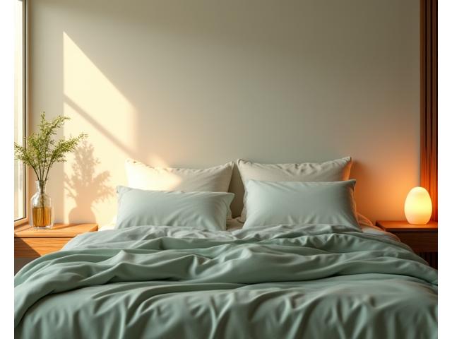 Serene bedroom with soft lighting and a comfortable bed, inviting restful sleep optimization.