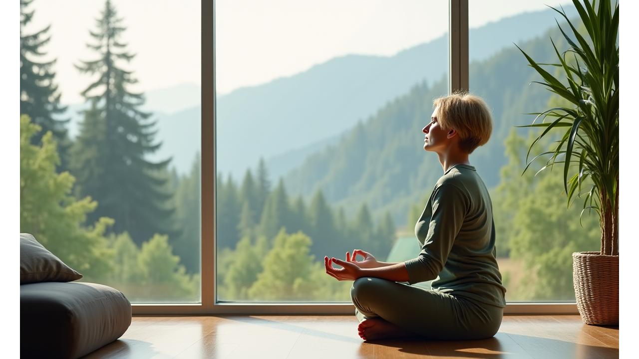 Woman enjoying a serene morning at home, symbolizing balanced lifestyle