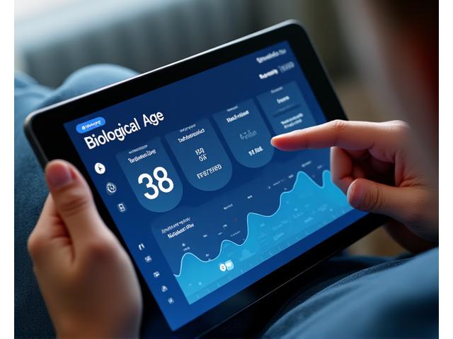 Screenshot of a biological age assessment dashboard with glowing metrics and data visualizations