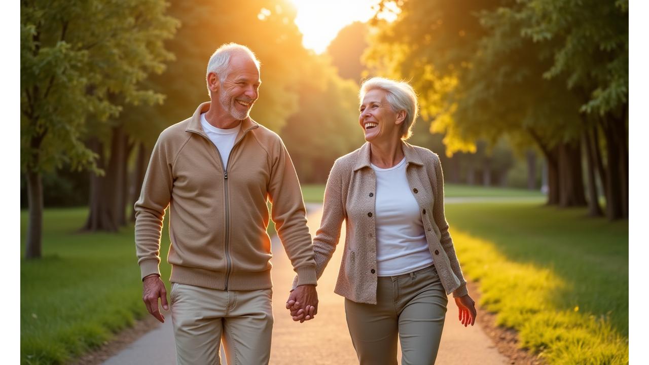 Mature adult couple looking vibrant and healthy walking outdoors