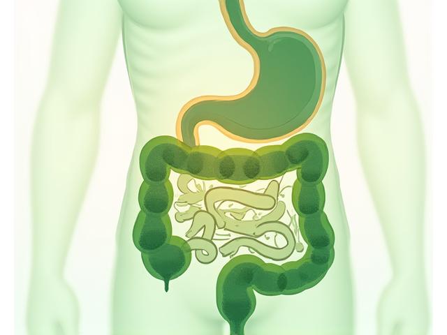 Detailed illustration of the human digestive system highlighting the gut microbiome, with arrows indicating nutrient absorption