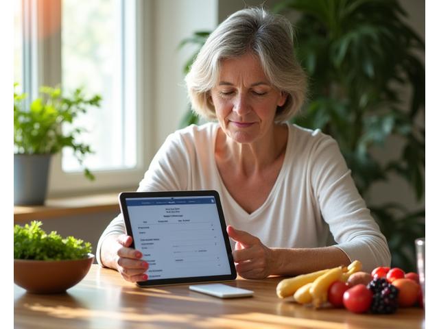 Woman thoughtfully filling out a digital gut health assessment on a tablet, with vibrant, healthy whole foods arranged nearby