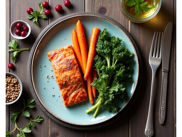 Overhead shot of a beautifully prepared plate of colorful, healthy, Portland-sourced food, such as salmon with roasted root vegetables and a kale salad.