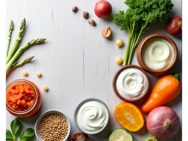 Illustration of a thriving gut microbiome with beneficial bacteria, surrounded by probiotic-rich foods like kimchi, yogurt, and kombucha.