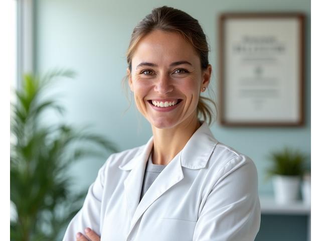Professional photo of a friendly female functional medicine doctor from Portland smiling in her modern clinic, suggesting trusted care.