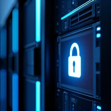 A secure data center with a padlock icon on a server rack, symbolizing restricted access and strong security measures.
