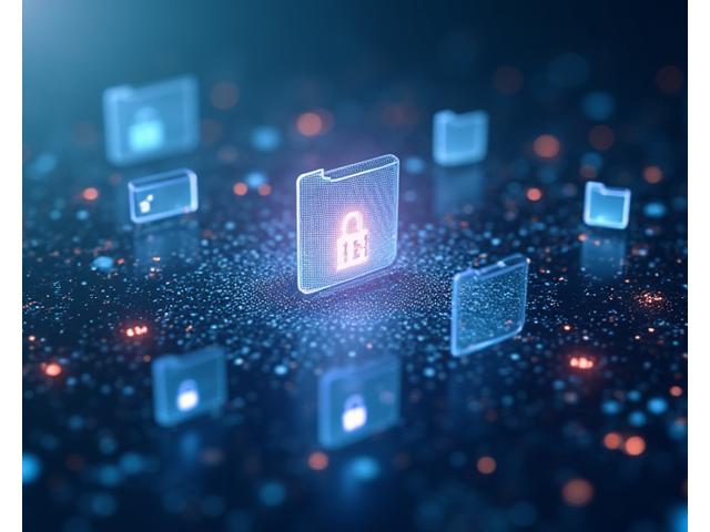 Illustration of secure medical data in encrypted folders, surrounded by abstract digital patterns, symbolizing health data protection.