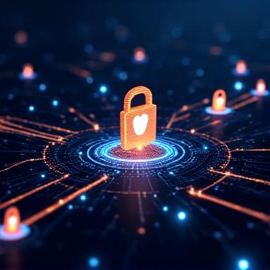 Abstract image of interlocking digital shields and glowing lines, symbolizing strong encryption and data protection.