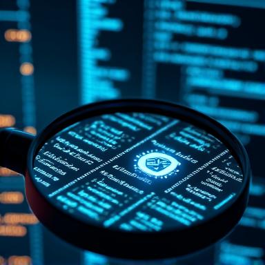 A magnifying glass hovering over lines of code on a screen, with a shield icon nearby, representing rigorous security audits and vulnerability checks.