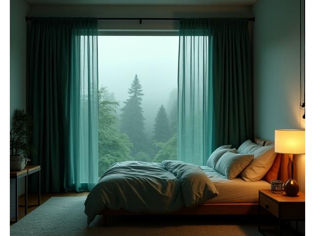 A serene and minimalist bedroom designed for optimal sleep, featuring muted tones, heavy blackout curtains, a subtle air purifier, and warm, dim lighting, evoking a calm ambiance ideal for Portland's climate.