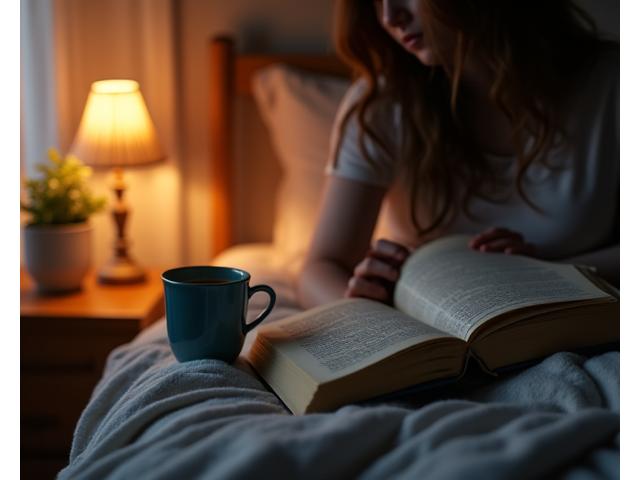 A tranquil scene depicting a consistent bedtime routine, perhaps a person reading a book in a softly lit bedroom, next to a cup of calming tea, conveying peace and preparation for sleep.