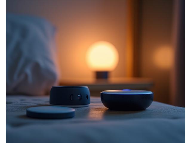 Close-up view of various sleep tracking devices (smartwatch, ring tracker, under-mattress sensor) neatly arranged on a modern bedside table, with a soft glow emanating from smart lightbulbs in the background.