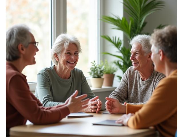 A diverse group of mature adults engaged in a calm, supportive group discussion, symbolizing community, safety, and open communication within wellness.