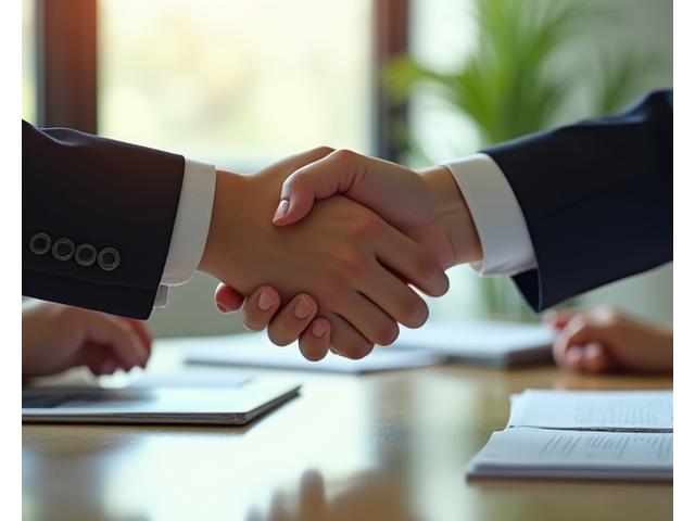 Close-up of hands shaking across a meeting table with legal documents and pens, symbolizing agreement, mediation, and dispute resolution in a professional yet approachable setting.