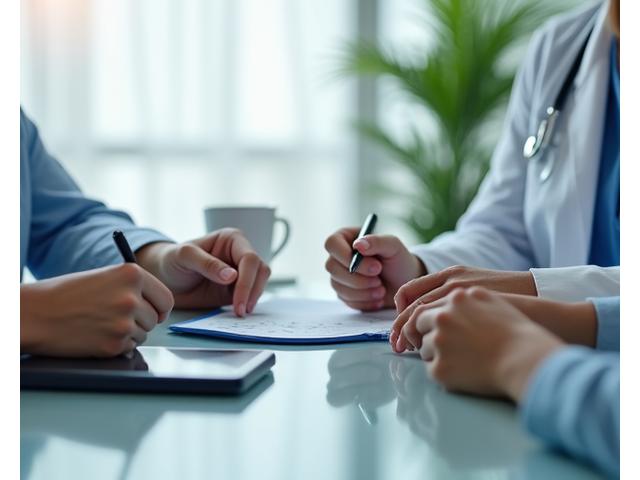 A close-up of a doctor and patient consulting notes on a tablet, emphasizing professional medical consultation and patient dialogue, set in a clean clinic environment.