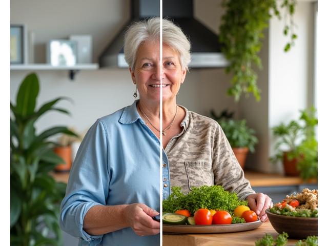 Before and after photos of Maria, showing her improved gut health and vitality