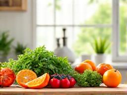 Illustration of fresh fruits, vegetables, and a blender, representing nutrition and gut health.