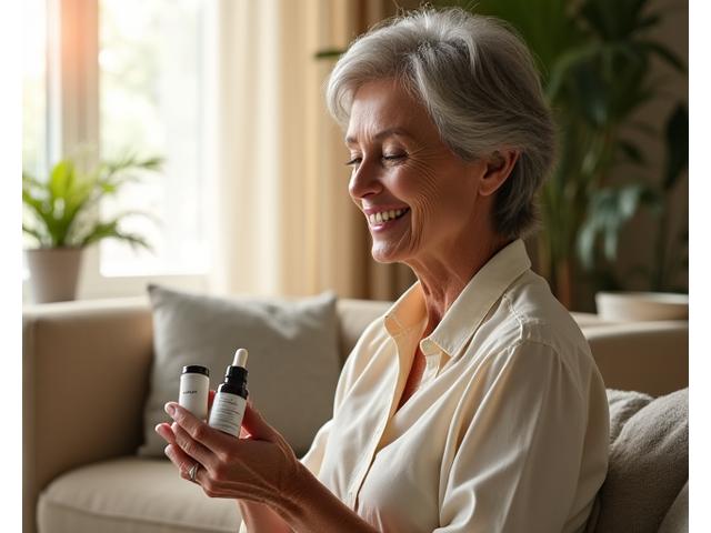 A woman in her 50s thoughtfully examining a natural wellness product in a sunlit, modern home living room, representing trust and quality.