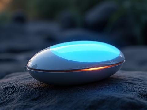 A stylish, portable meditation device with smooth contours and calming blue lights.