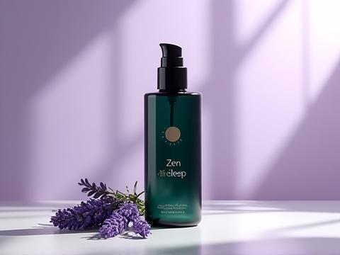 A bottle of 'Zen Sleep Elixir' supplement with lavender and chamomile, neatly packaged.