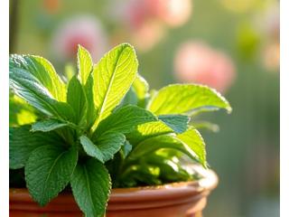 Vibrant spring scene with fresh green herbs and detoxifying teas, representing renewal.