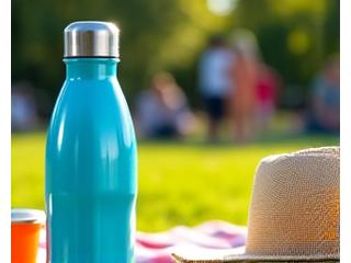 Sunny outdoor scene with a reusable water bottle and sun hat, indicating summer activity and hydration.