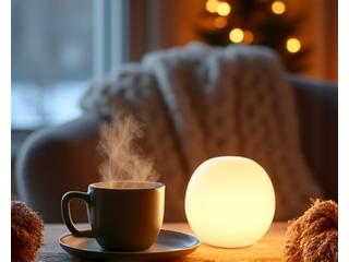 Cozy winter scene with warm tea and a light therapy lamp, suggesting comfort and mood support.